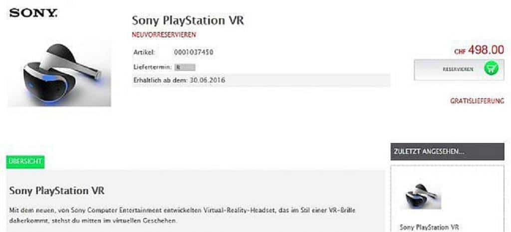 PlayStation VR Preis PS4